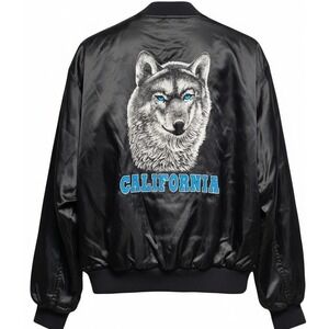 VTG 90s Satin Bomber Jacket Mens XL Black  California Graphic Wolf Nature USA